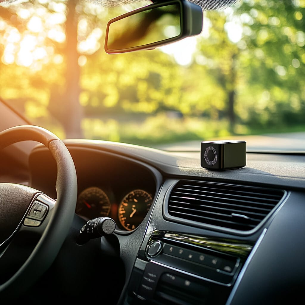 차량의 대쉬보드 위에 놓인 차량용 공기청정기