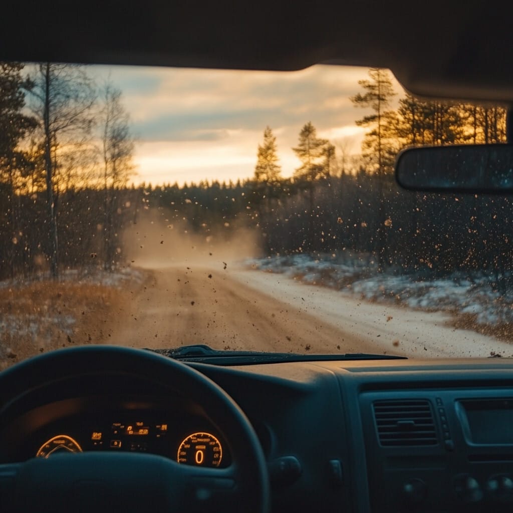 먼지가 많이 일어나는 도로를 운전하는 모습