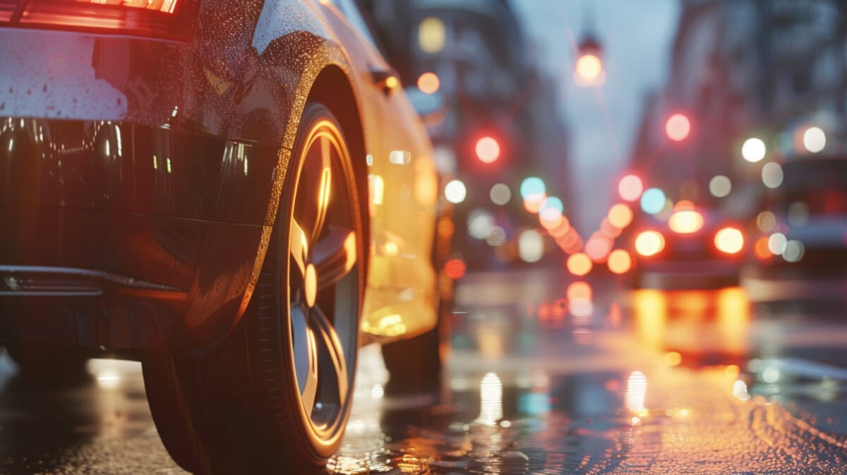 빗길에 서 있는 자동차의 타이어 모습