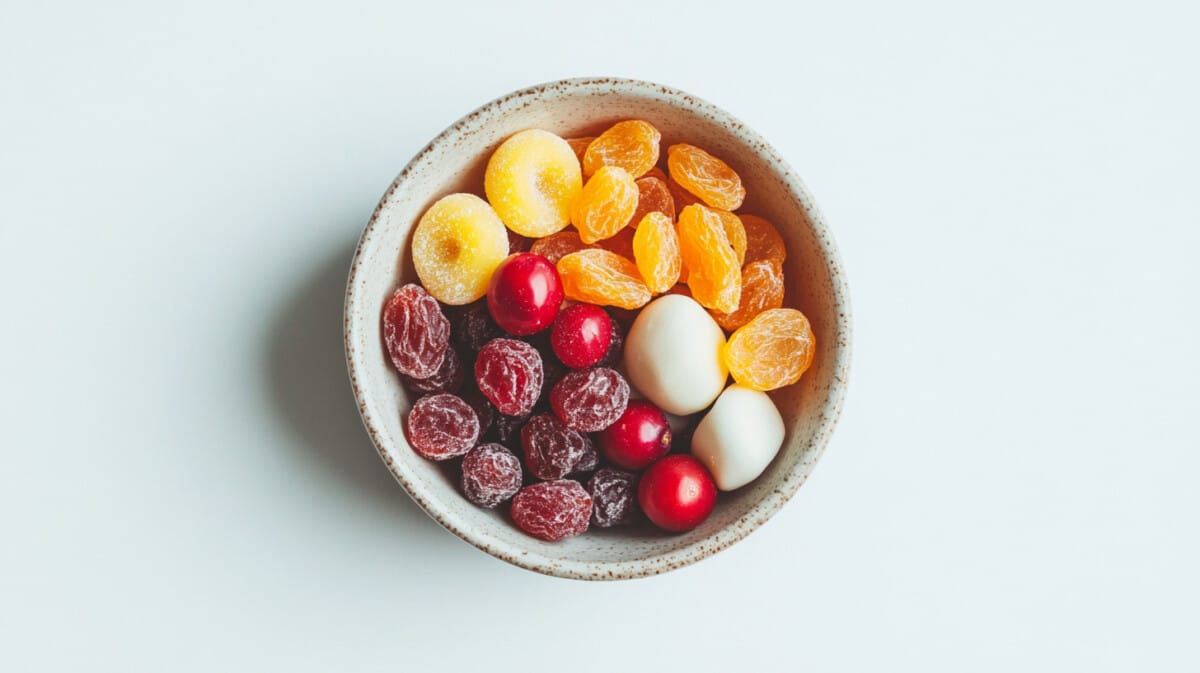 마른 과일과 사탕이 담긴 그릇