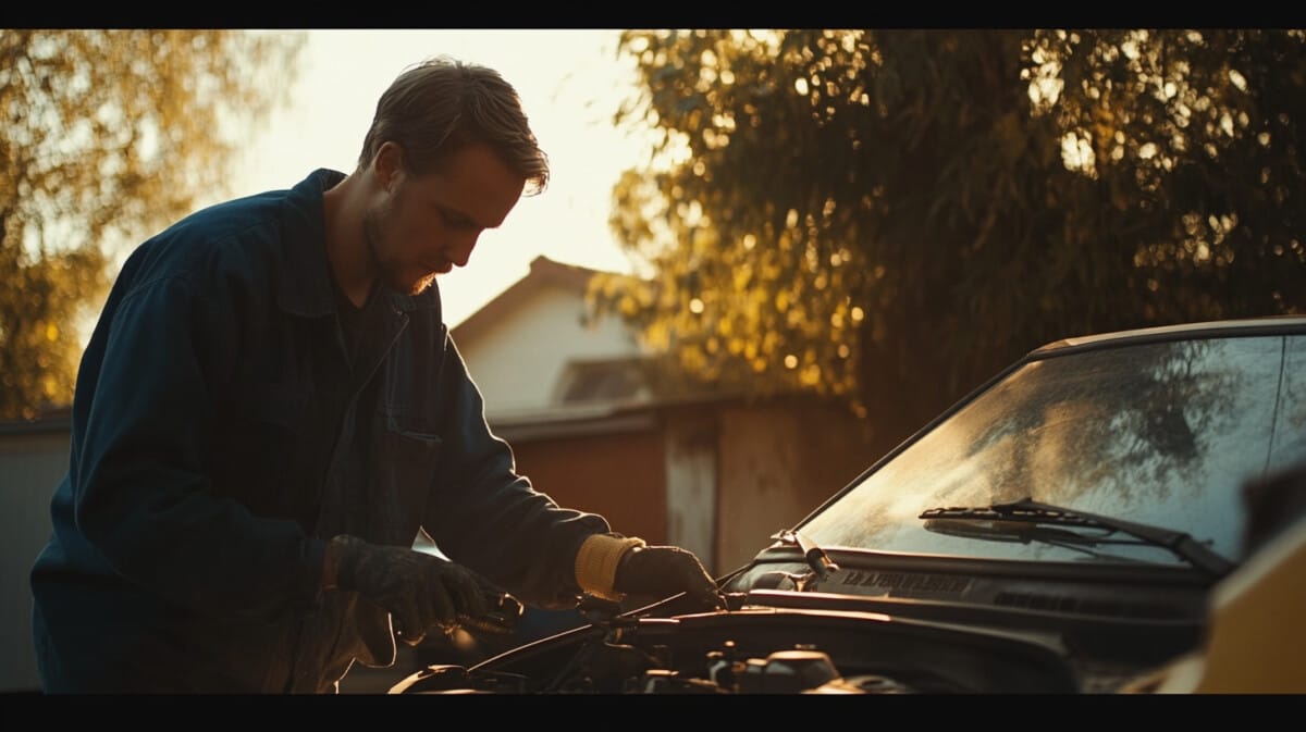 정비공이 엔진오일 점검하는 이미지