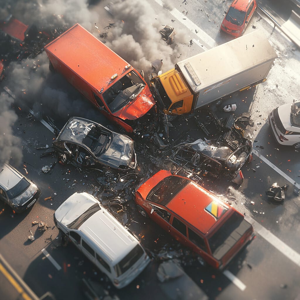 고속도로에서 교통사고가 일어난 장면을 묘사한 사진