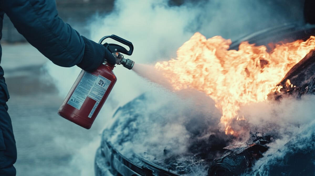 차량용 소화기로 불이 붙은 자동차 화재 진화하는 장면
