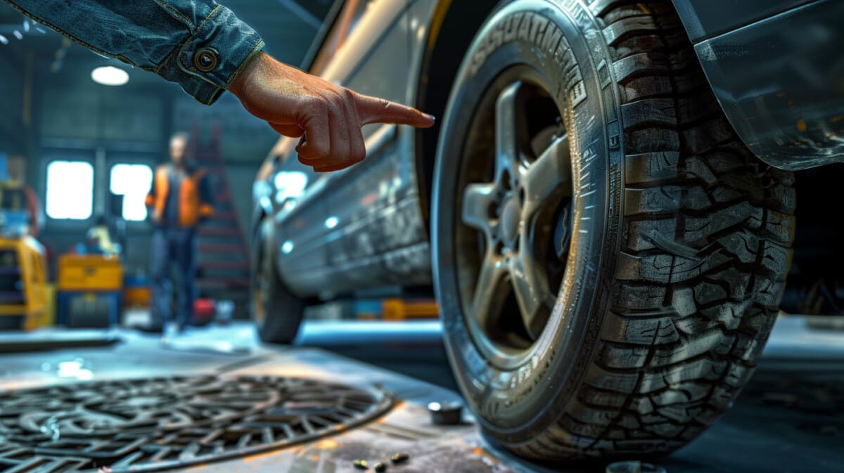 정비공이 타이어 옆면을 손가락으로 가리키는 이미지