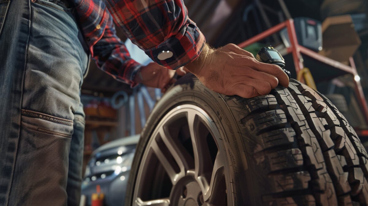 타이어 마모 상태를 체크하는 정비공