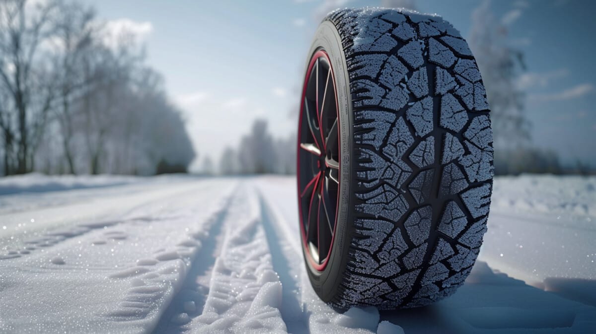눈길 위에 타이어 하나가 당당하게 서 있는 모습