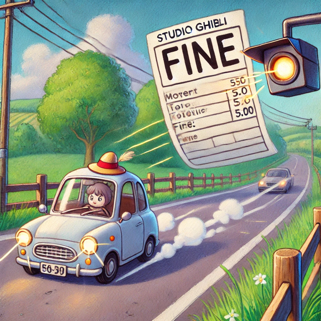 과속운전으로 과태료가 부과되는 이미지를 지브리 스타일로 보여주는 그림