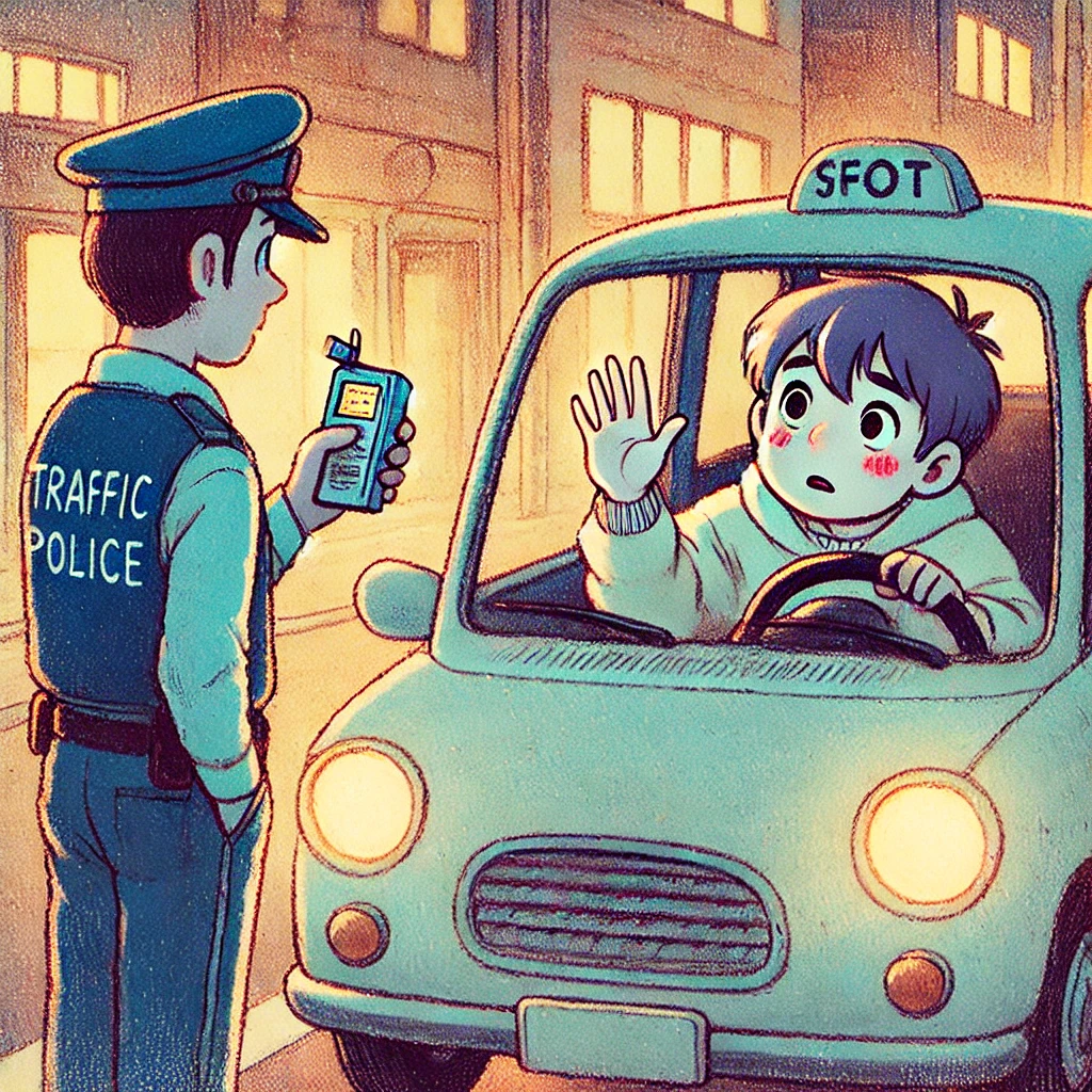 음주운전 측정을 거부하는 운전자의 모습을 지브리스타일의 이미지로 보여줌