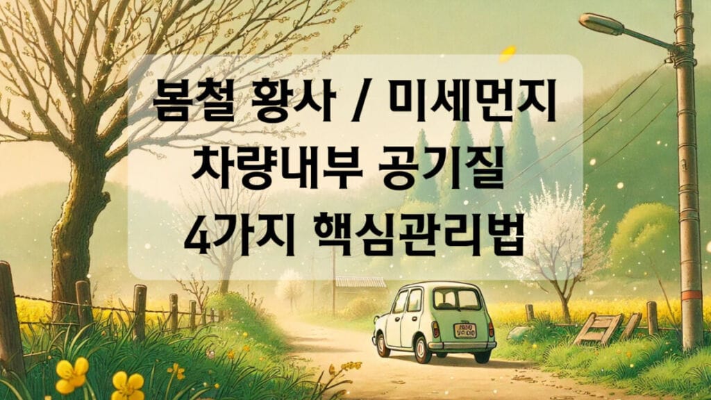 봄철 황사와 미세먼지에 대한 차량 내부 공기질 관리를 위한 4가지 방법을 보여주는 글에 대한 썸네일로 황사가 낀 시골 마을 풍경을 지브리 스타일로 표현한 이미지