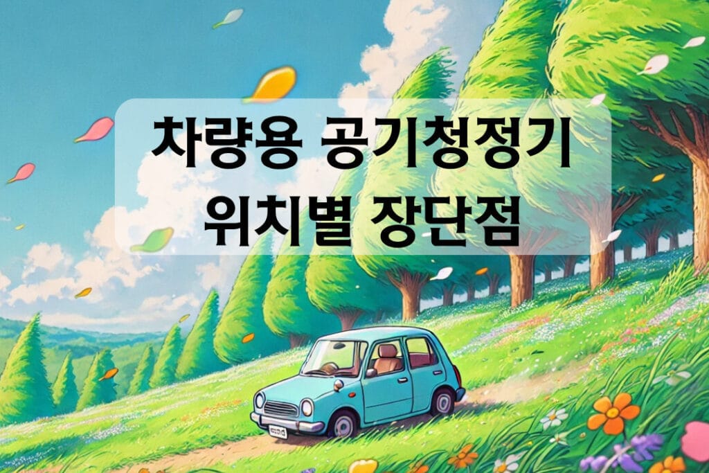 차량용 공기청정기 위치별 장단점 글에 대한 썸네일로 신선한 바람이 부는 들판 한가운데 자동차가 놓여있는 만화이미지