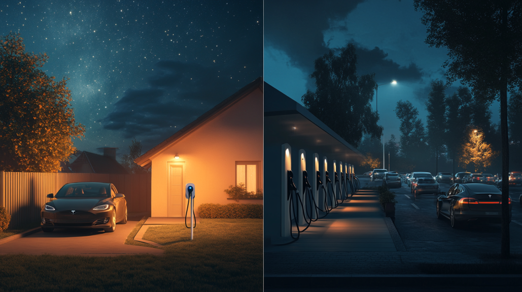 저녁에 집에서 충전하는 전기차 이미지