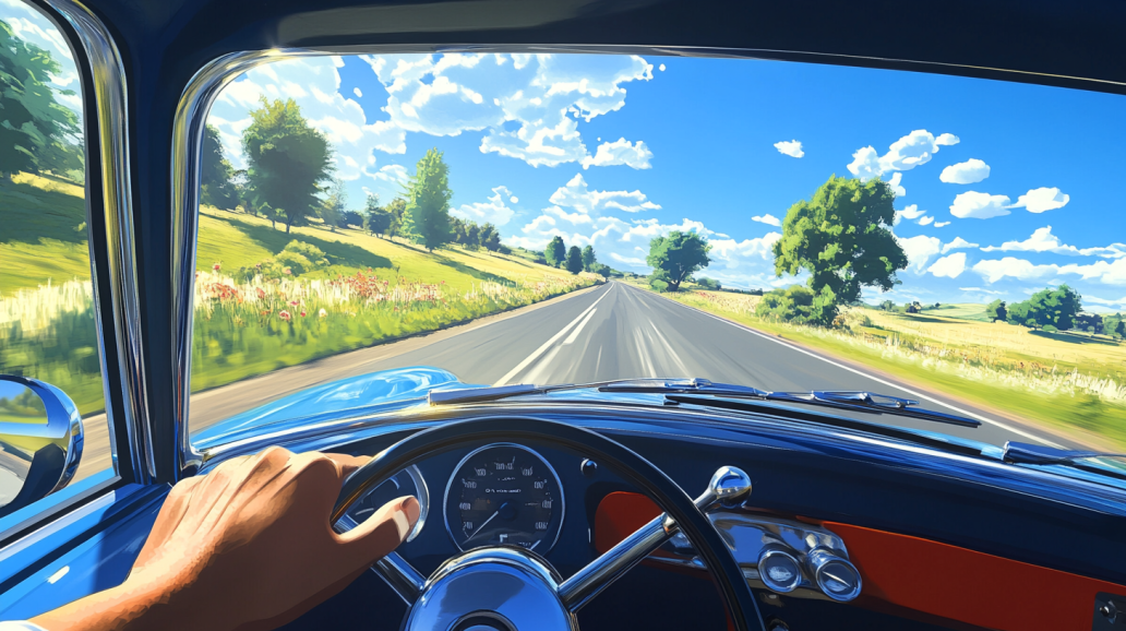 화창한 날 깨끗한 유리를 통해 상쾌한 운전을 하는 모습