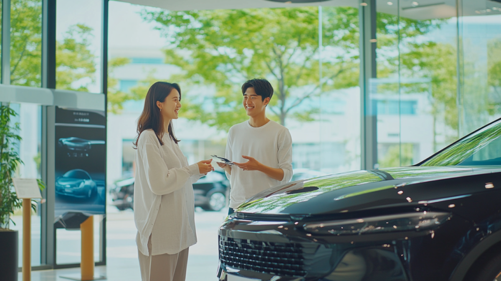 자동차 매장에서 인생 첫차를 구매하기 위해 새 차를 비교하는 젊은 부부 모습